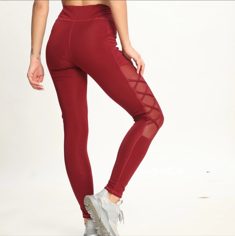 Leggings High Waist Mesh Insert Size Large Black A1330 Sports Yoga with Pocket